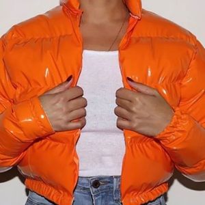 Orange puffer coat